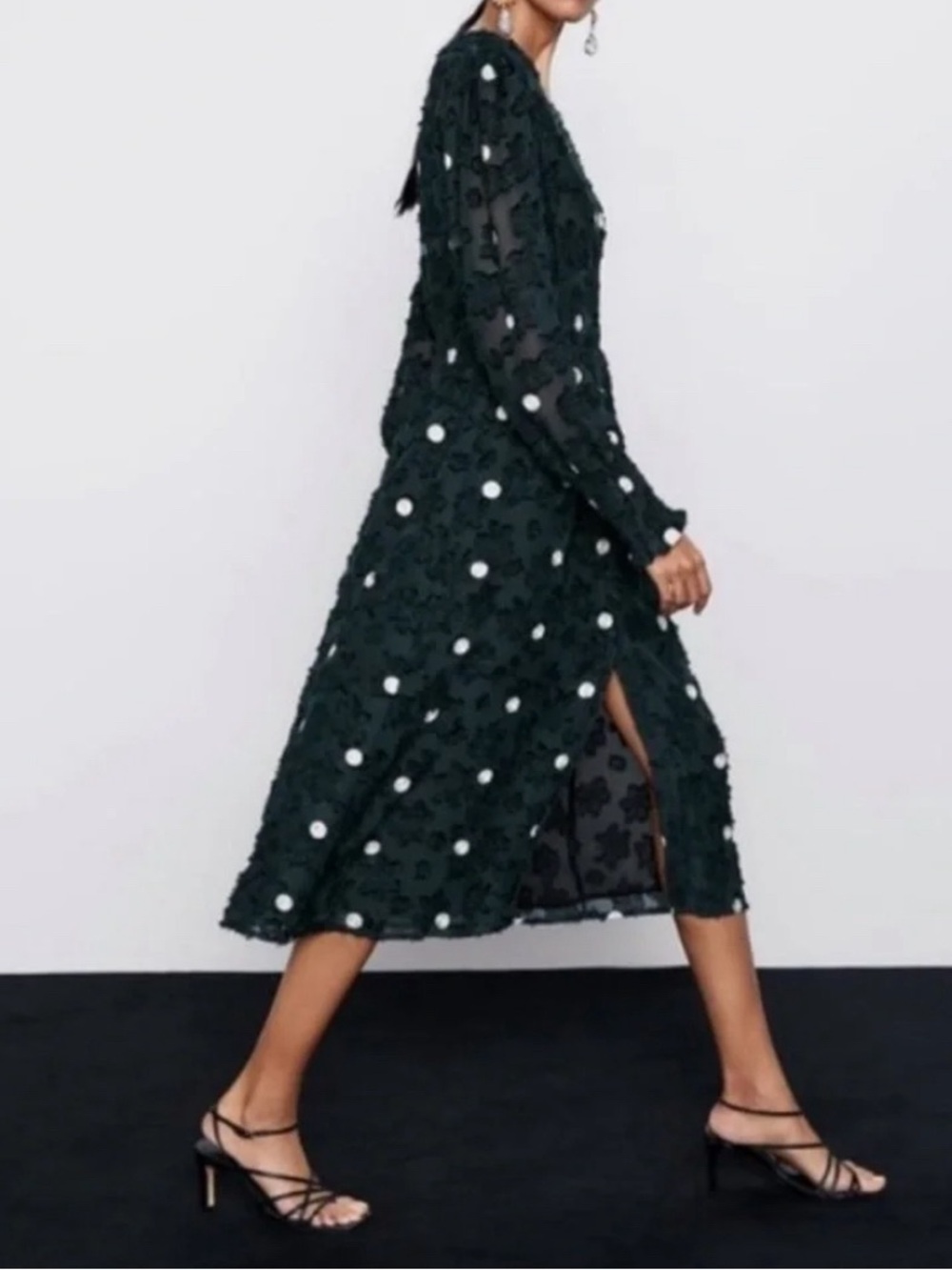 ZARA Pine Green Polka Dot Textured Long Sleeve Midi Dress Small